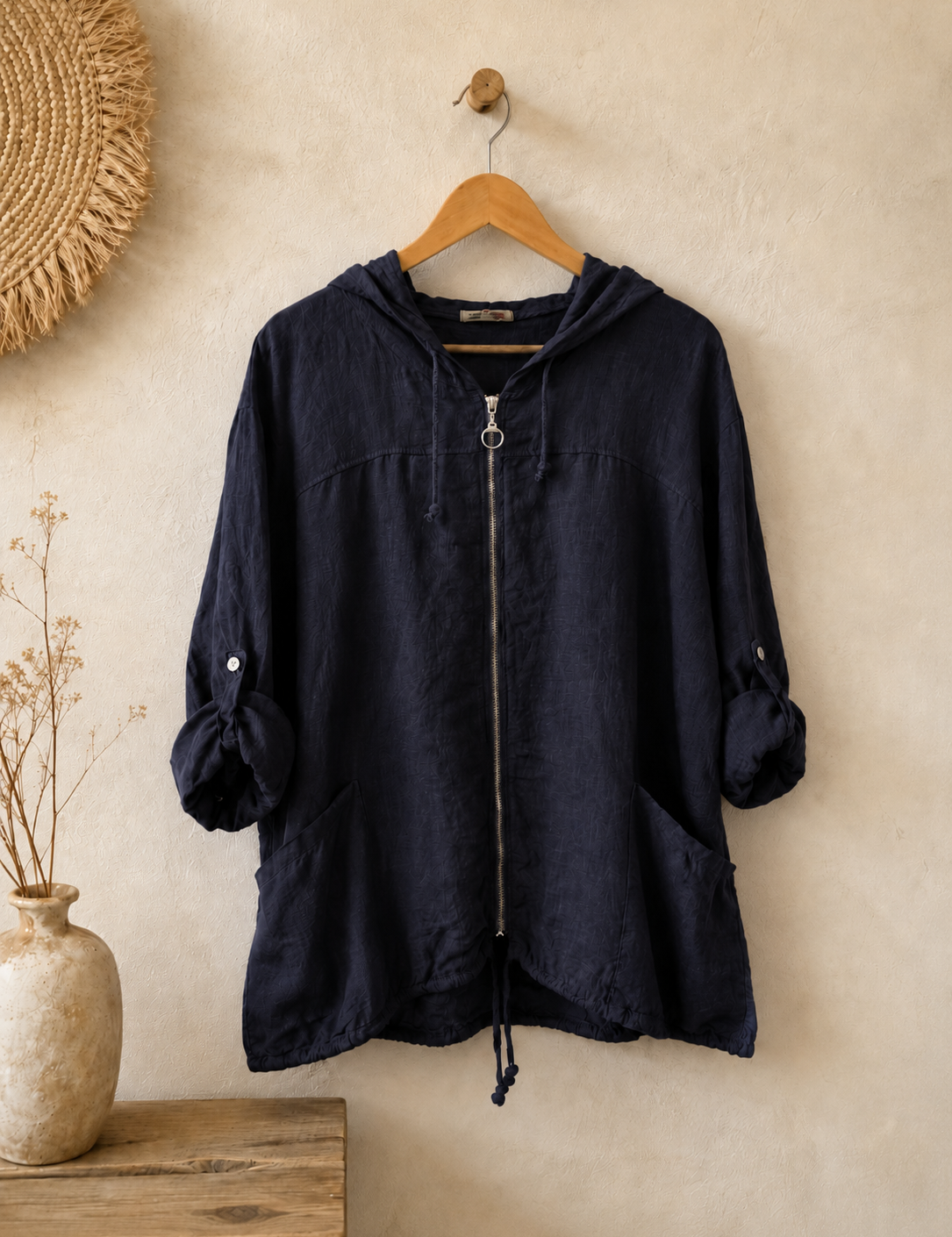 Chaqueta capucha lino cierre italiana