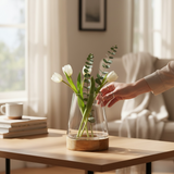 Florero vidrio base madera