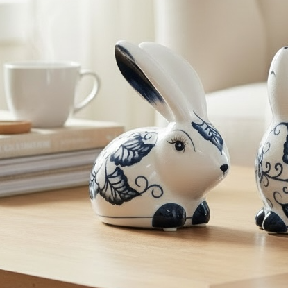 Conejo cerámica blanco azul